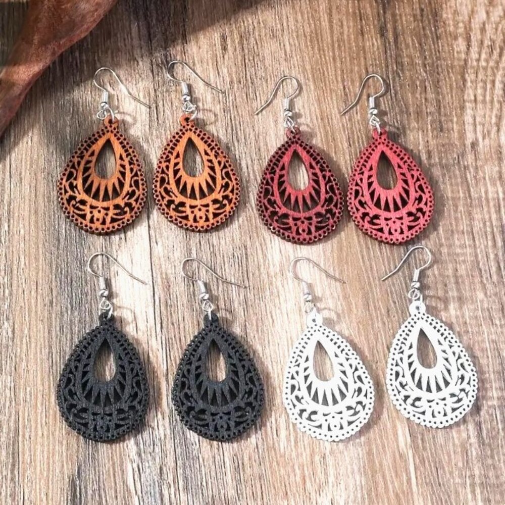 Earrings Wood Hollow Cut Out Bohemian 4 pr Dangle Boho Trendy Stylish Casual Fun